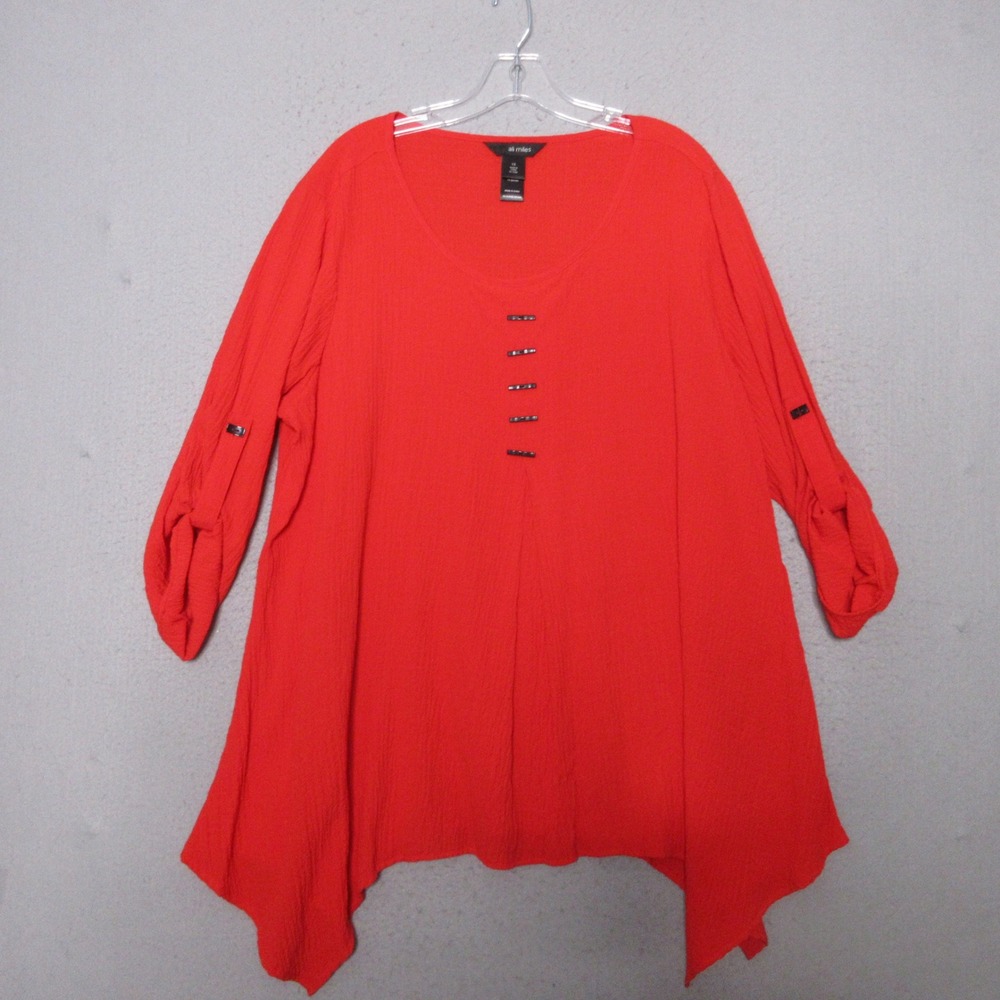 Ali Miles Top Tunic Plus 1X Red Asymmetrical Crinkle Textured Art To Wear Flowy